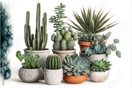 Various types of house plants clay pots on white background. Generative AI