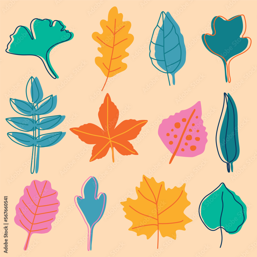 Set of abstract tropical leaves. Vector design elements