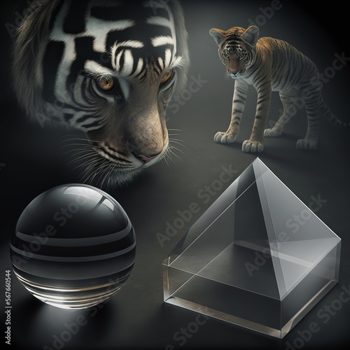 two tigers inspecting 3D geometrics abstract surrealistic 