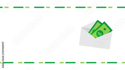 4k video of cartoon envelope with money inside on white background.