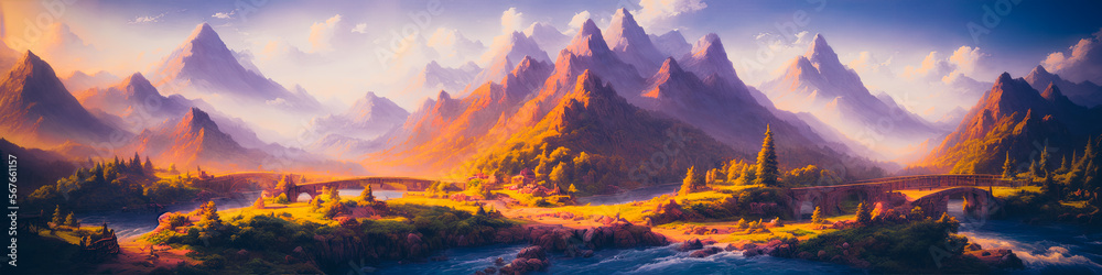 Breathtaking panoramic painting of mountains, river, bridges, and sunny weather in a fantasy, fairytale-like atmosphere. Generative AI
