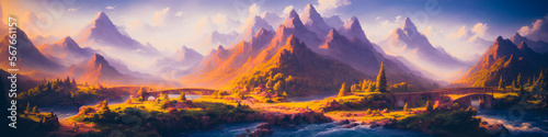 Breathtaking panoramic painting of mountains, river, bridges, and sunny weather in a fantasy, fairytale-like atmosphere. Generative AI