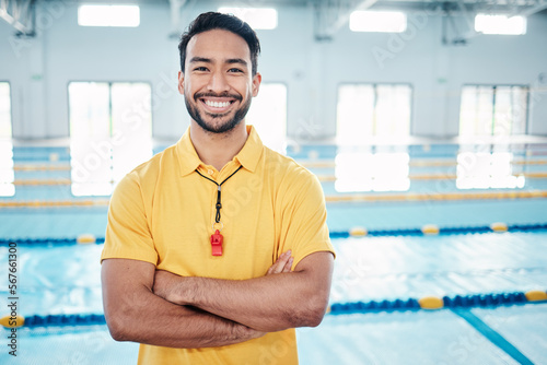 Photography Portrait, proud and coach at a swimming pool for training, exercise and practice at indoor center