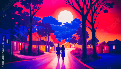 Loving couple travels the road in colorful, lush landscape. Generative AI