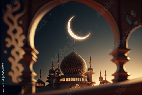 amazing architecture design of Muslim mosque Ramadan, celebrating the Muslim holiday of Eid al-Fitr, Generative AI
