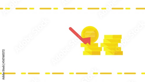 4k video of cartoon dollar and arrow down on white background.