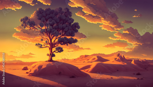 Panoramic painting depicts a lone tree amidst a sandstorm in a sunny desert day, beautiful weather. Fantasy, fairytale ambiance.. Generative AI