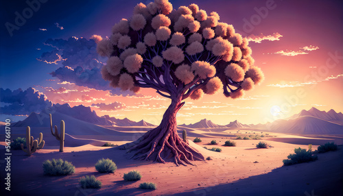 Panoramic painting depicts a lone tree amidst a sandstorm in a sunny desert day  beautiful weather. Fantasy  fairytale ambiance.. Generative AI