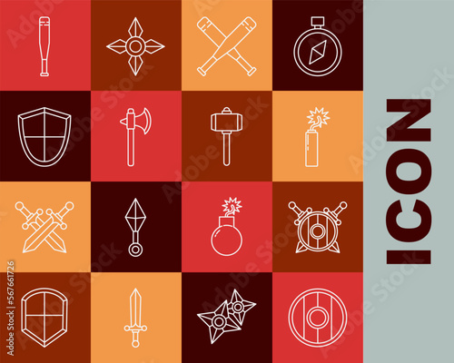 Set line Round wooden shield, Wooden with crossed swords, Dynamite bomb stick clock, Crossed baseball bat, Medieval axe, Shield, Baseball and Battle hammer icon. Vector