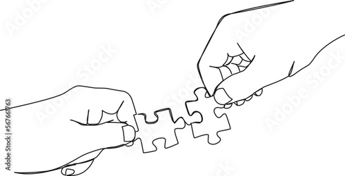 continuous single line drawing of hands of two people fitting together two matching jigsaw puzzle pieces, line art vector illustration