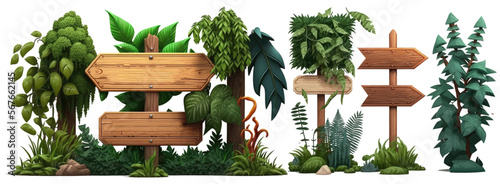 Wooden signboards in jungle. Wood board with tropic leaves, moss and liana plants for game ui. Jungle wood banner,, wooden pointing in green leaves. Vector illustration on white background