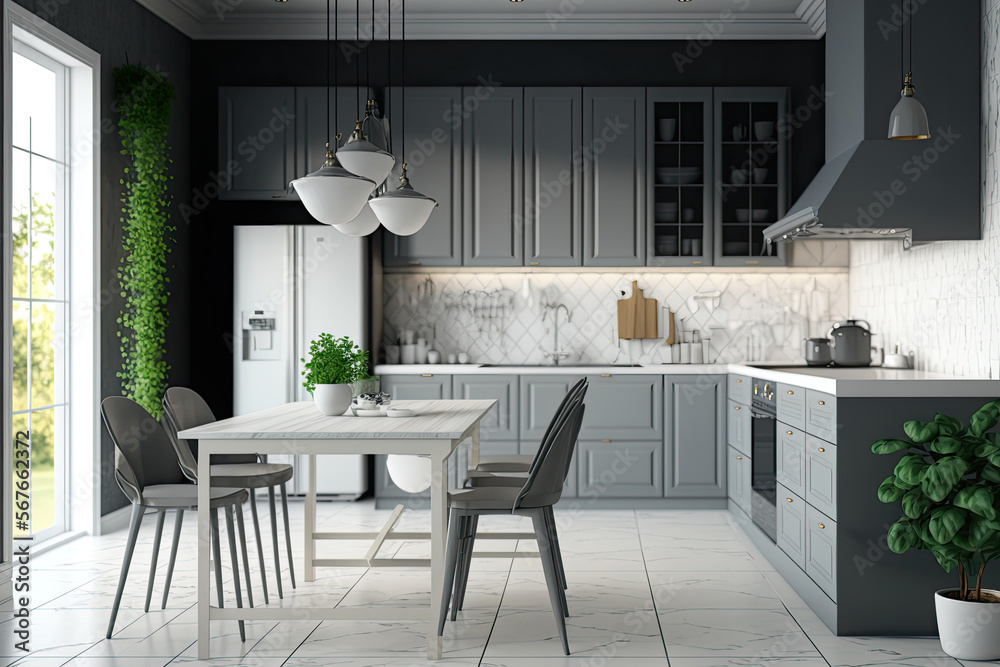 minimalist White and grey kitchen room 3D rendering Design. Generative Ai