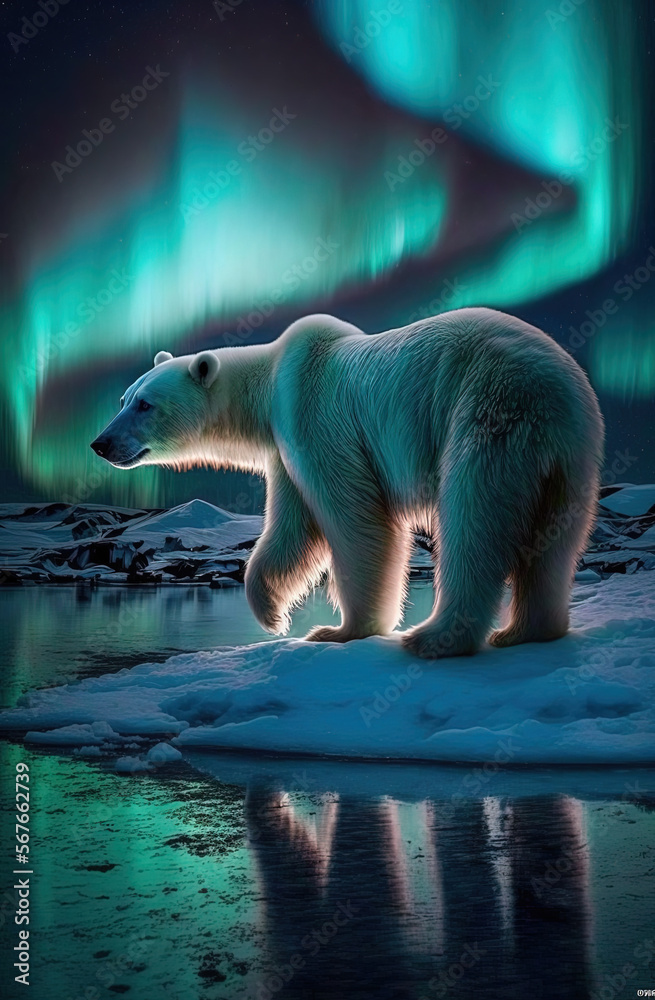 Polar bear on a glacier under Northern lights. Generative AI. Stock