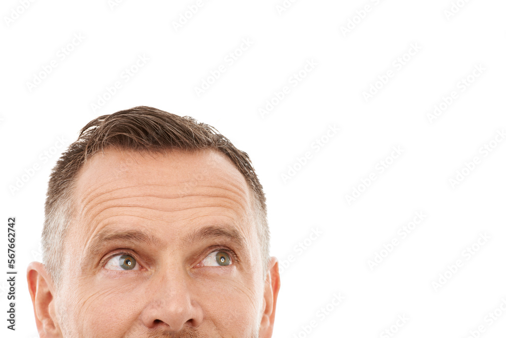 Obraz premium Face, thinking and mockup space for idea, advertising or promotion isolated on a white background. Person looking up at copyspace for logo, brand or sale with barber haircut, eyes and studio headshot