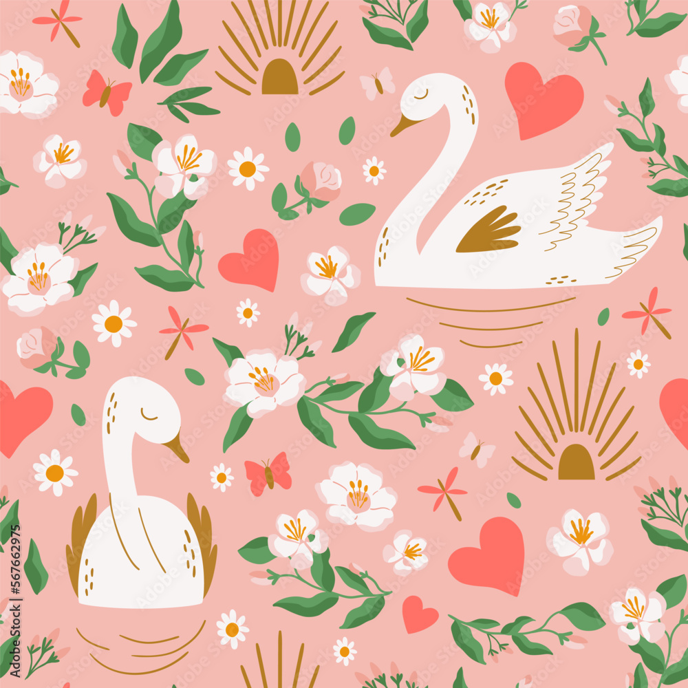 Swan birds pattern with cherry bloom flowers, heart, sun, love. Pink Valentines day wallpaper, surface pattern design, repeat background, romantic textile, sweet swans in pond. Vector illustration. Swan birds pattern with cherry bloom flowers, heart, sun, love. Pink Valentines day wallpaper, surface pattern design, repeat background, romantic textile, sweet swans in pond. Vector illustration.