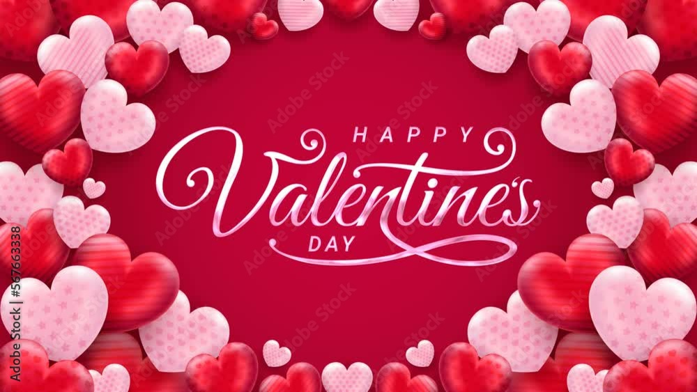 Happy valentines day greeting animation text, lettering with love ornament in red background, for banner, social media feed wallpaper stories