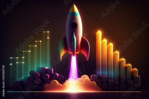 Rocket ship illustration with bar chart, neon light background. Generative AI