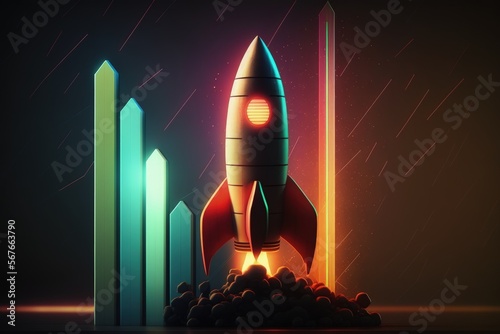 Rocket ship illustration with bar chart, neon light background. Generative AI