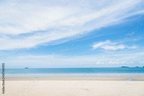 Panoramic view of clear blue sky and clouds, Blue sky background with tiny clouds. White fluffy clouds in the blue sky. 