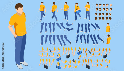 Isometric man character constructor for designe. Set of man character flat style illustration isolated on background.