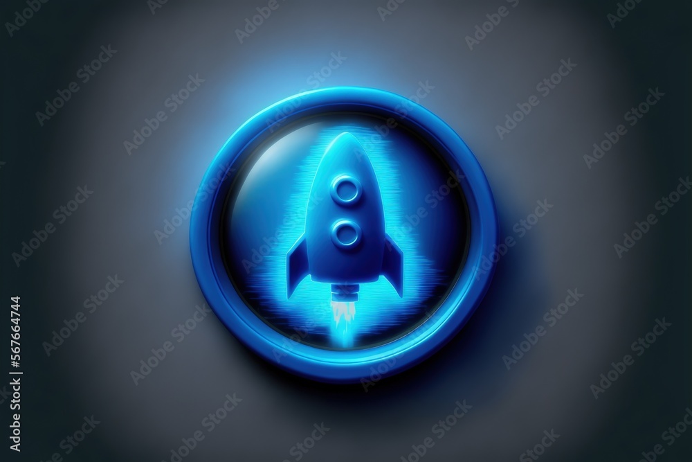 Button illustration with rocket and blue light, startup concept, dark blue background. Generative AI Button illustration with rocket and blue light, startup concept, dark blue background. Generative AI