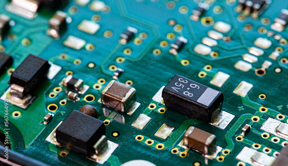 Macro Close up of components and microchips on PC circuit board Macro Close up of components and microchips on PC circuit board