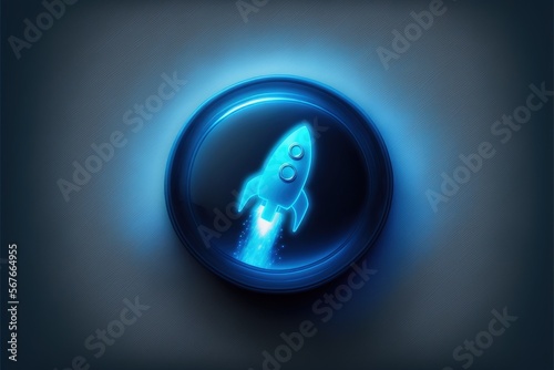 Button illustration with rocket and blue light, startup concept, dark blue background. Generative AI