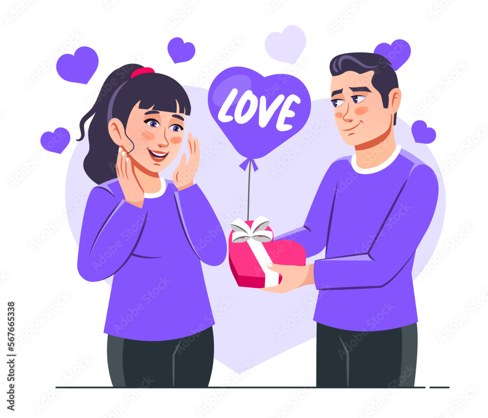 Young boy giving heart shaped Chocolate Box to girl on Chocolate day feeling in love illustration. Flat style vector scene isolated on white background for blogging, website, landing page. Young boy giving heart shaped Chocolate Box to girl on Chocolate day feeling in love illustration. Flat style vector scene isolated on white background for blogging, website, landing page.