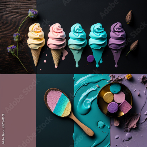 Ice cream , melting ice cream, flatlay, seasonal moodbaord, presentation photo