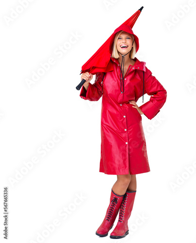 Portrait, woman and umbrella with raincoat, cover and happiness with lady isolated on white studio background. Mockup, female and lady with winter outfit, boots and shelter from storm or on backdrop