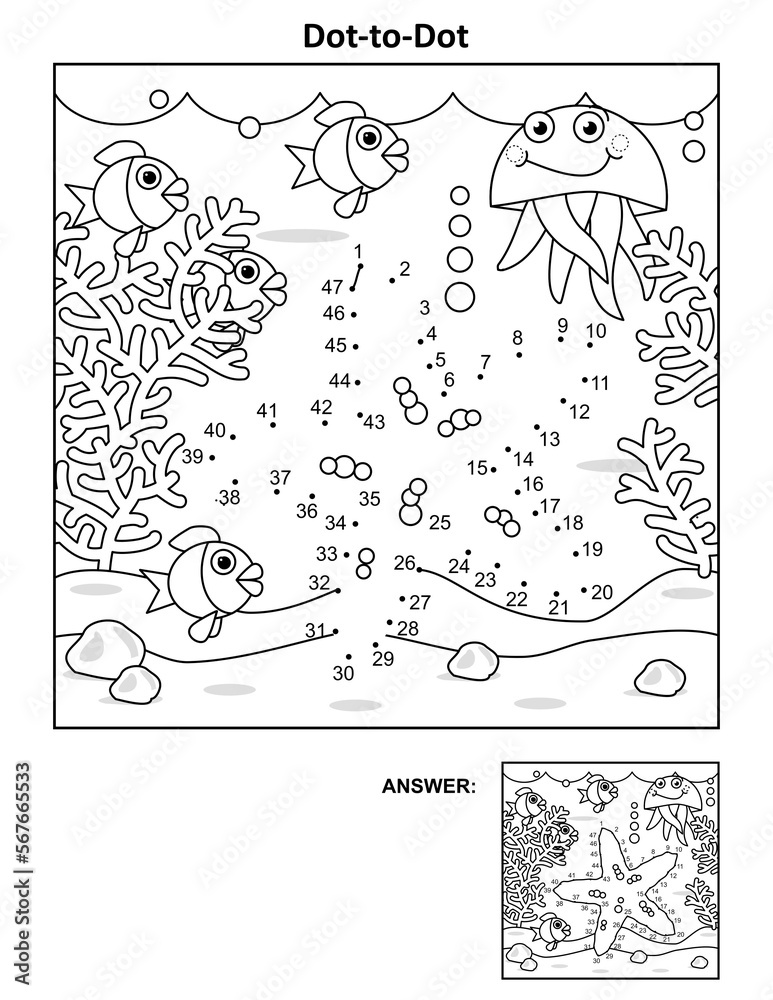 "Dot-to-dot picture puzzle and coloring page, underwater life themed ...