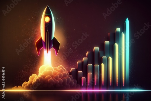 Rocket ship illustration with bar chart, neon lights background. Generative AI