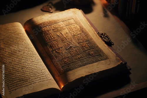 Ancient Egyptian book of the dead. Fantasy book, black book with mummies. Generative AI
