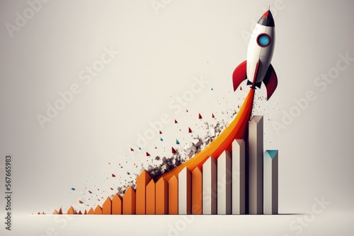 Rocket ship illustration with bar chart, white background. Generative AI