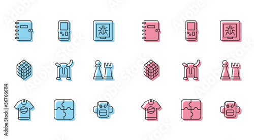 Set line T-shirt, Piece of puzzle, Spiral notebook, School backpack, Viking in horned helmet, Chess, Rubik cube and Tetris icon. Vector