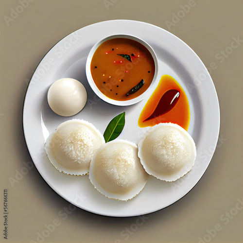 A plate of idli with sambar, generative AI photo