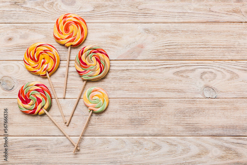 Set of colorful lollipops on colored background. Summer concept. Party Happy Birthday or Minimalist Concept