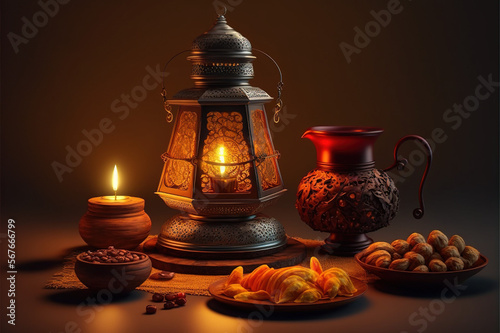 Ramadan Lantern with Colorful Light Glowing at Night and Glittering with Bokeh Lights on Ground ramdan, ramzan, eid, culture, arab, lamp, Generative Ai