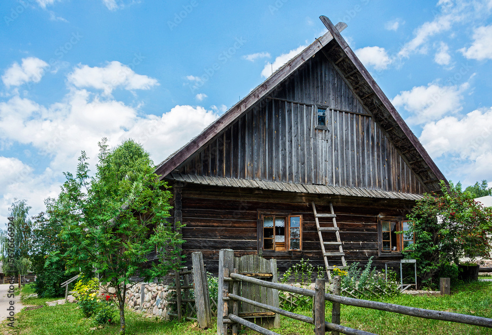 Rural architecture. An old village log hut.