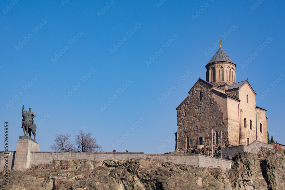 Tbilisi, Georgia - january 23 , 2023: Metekhi Church and Monument of King Vakhtang I Gorgasali in Tbilisi