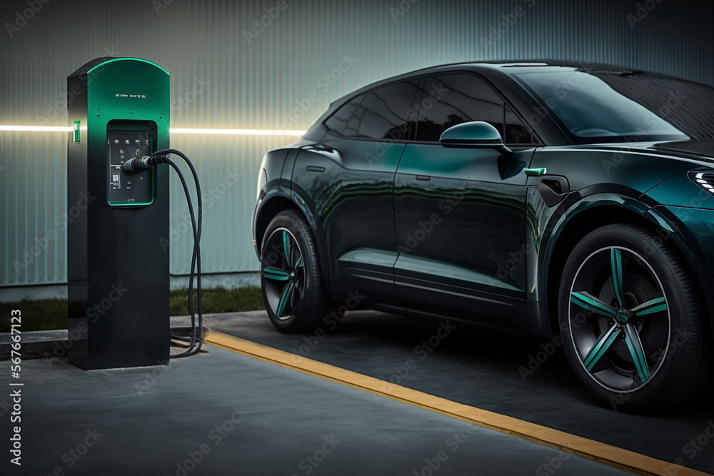 A modern electric car stands next to a modern new charging station. The concept of conscious use of green technologies. Ai generated A modern electric car stands next to a modern new charging station. The concept of conscious use of green technologies. Ai generated