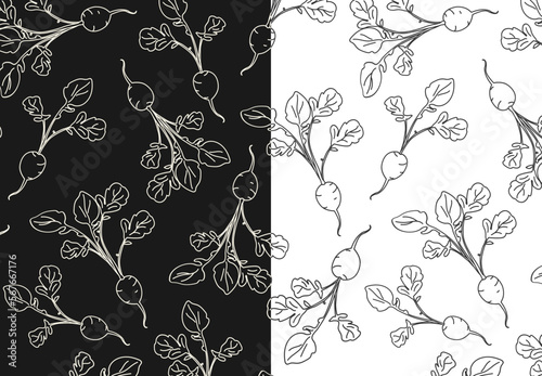 seth doodle seamless pattern with radish on black and white background lines. Vector spring background for a seedling store