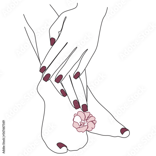 Manicure master, pedicure, business card, simple stylish icons for beauty spa, medical massage and foot care.One line drawing.Vector art.