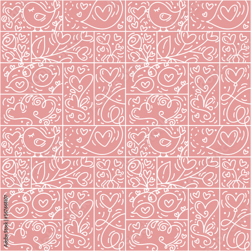 Valentines logo vector seamless pattern love, bird, heart, envelope line and abstract on pink background. Hand drawn monoline constructor for romantic greeting card wedding