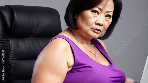 overweight middle aged asian woman feeling stress about the problem at the office, generative art by A.I.