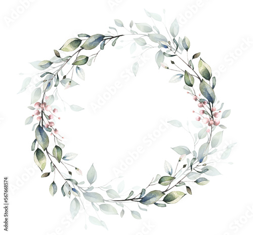 Watercolor painted floral frame. Green and pink wreath with branches and leaves. Cut out hand drawn PNG illustration on transparent background. Watercolour isolated clipart drawing. © satika