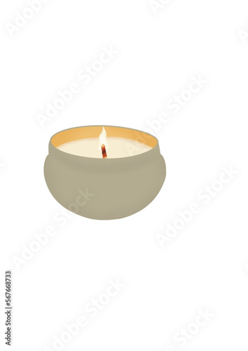 Illustration of a beautiful burning candle. Handmade candle and flame drawing. Isolated picture