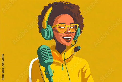 woman with positive attitude, podcast host, singer, with microphone, art, vector illustration,