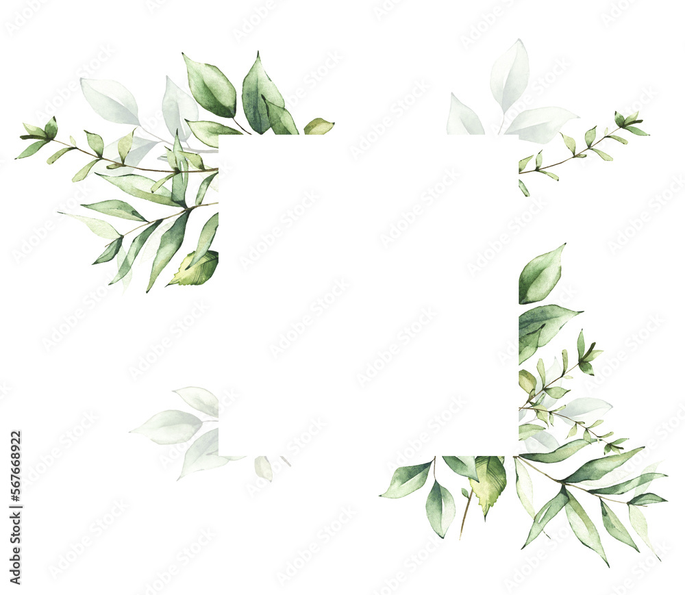 Delicate greenery square frame template watercolor painted. Branches, green leaves. Cut out hand drawn PNG illustration on transparent background. Watercolour isolated clipart drawing.