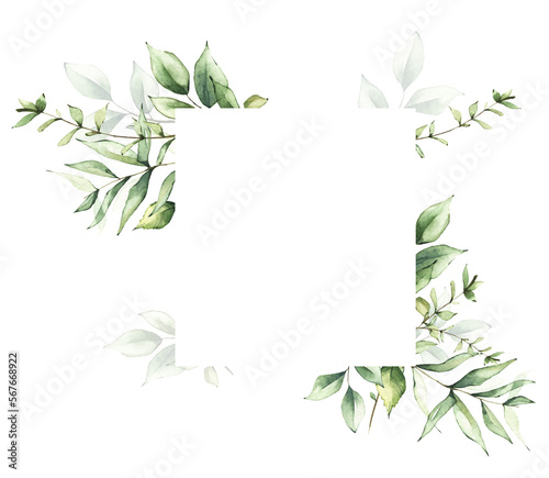 Delicate greenery square frame template watercolor painted. Branches  green leaves. Cut out hand drawn PNG illustration on transparent background. Watercolour isolated clipart drawing.
